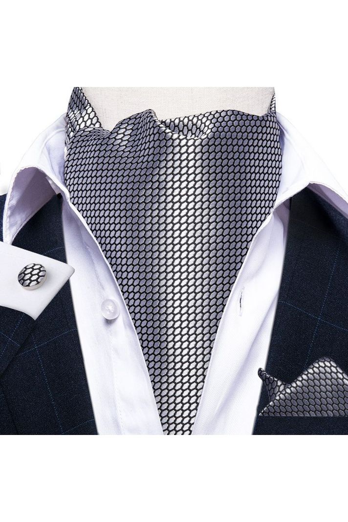 Set Corbata Gruesa Ascot + Paño + Collera formal hombre. Gris texturizado-2