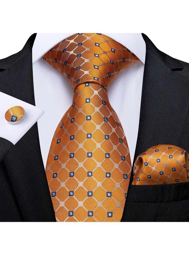 Corbata Hombre Seda con paño y colleras. Modelo Solinario Naranjo-1