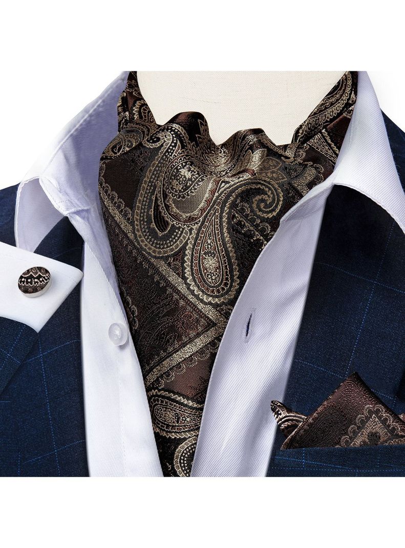 Corbata Gruesa Ascot Cravat + paño + colleras. Café Oscuro-0