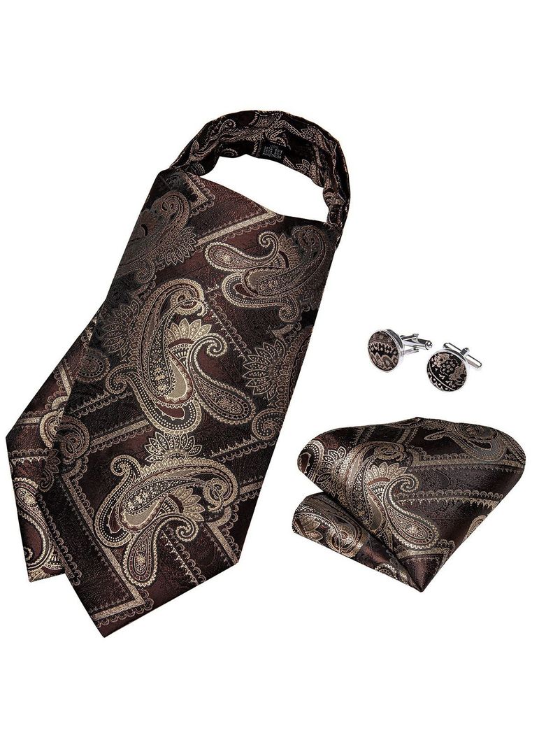 Corbata Gruesa Ascot Cravat + paño + colleras. Café Oscuro-1