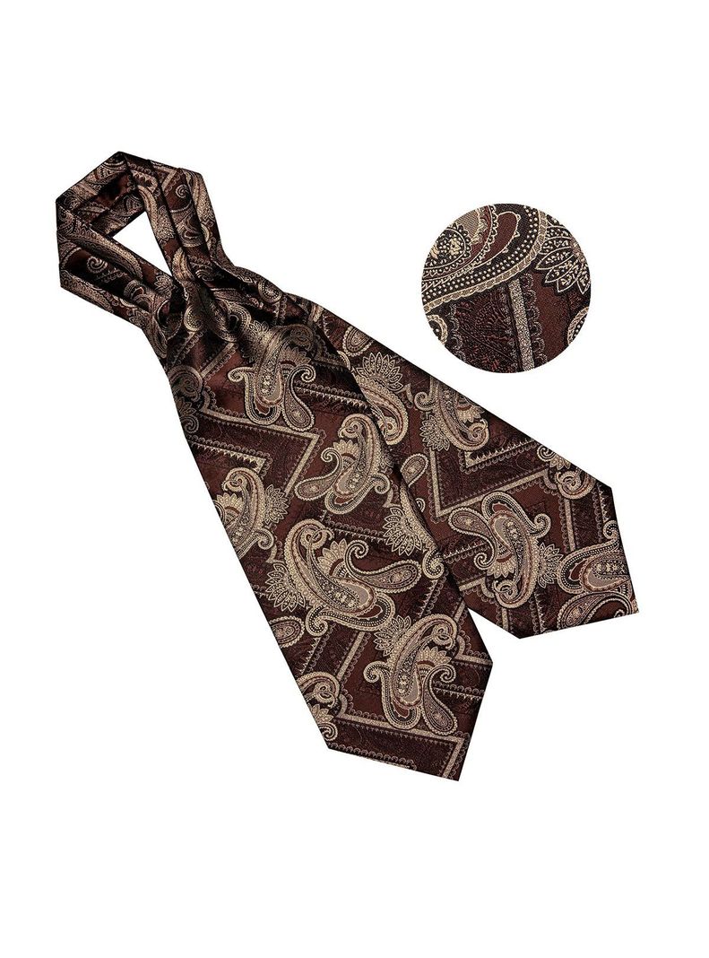 Corbata Gruesa Ascot Cravat + paño + colleras. Café Oscuro-2