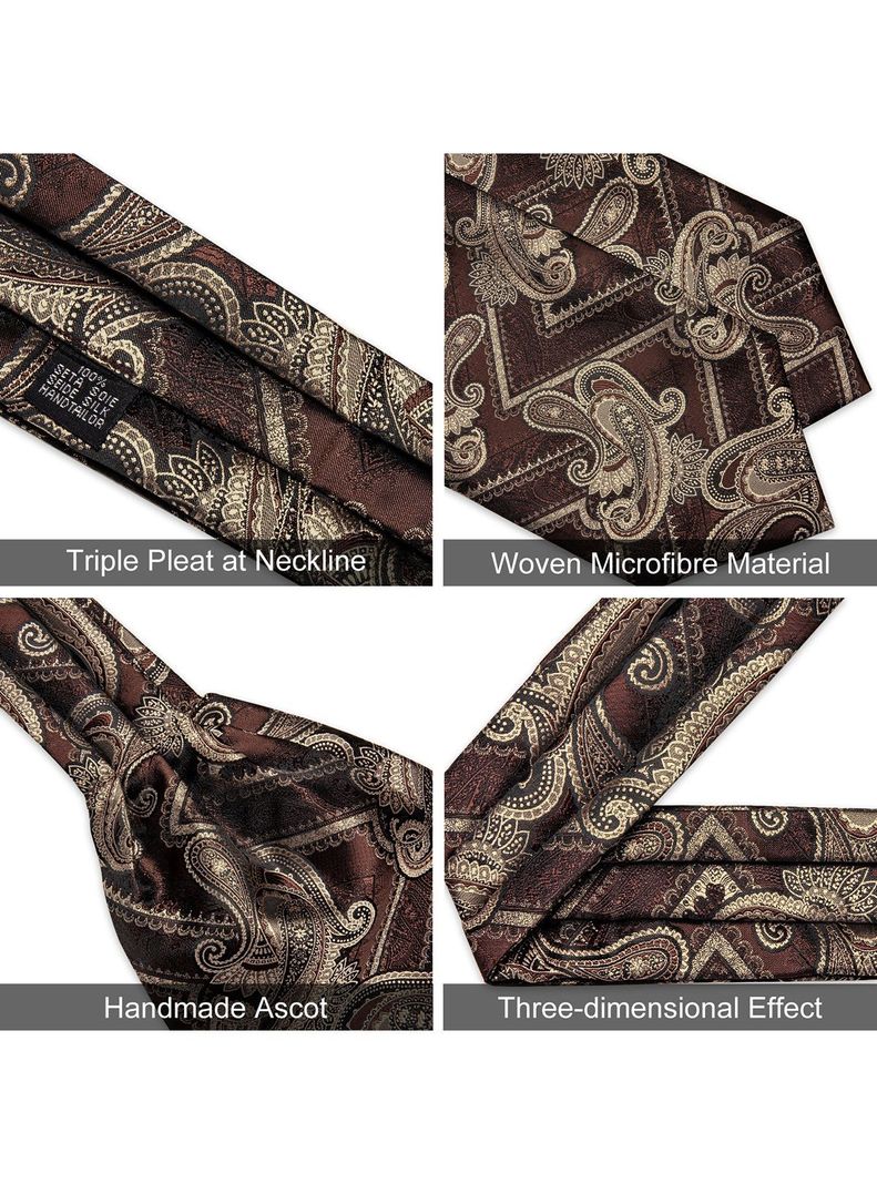 Corbata Gruesa Ascot Cravat + paño + colleras. Café Oscuro-4