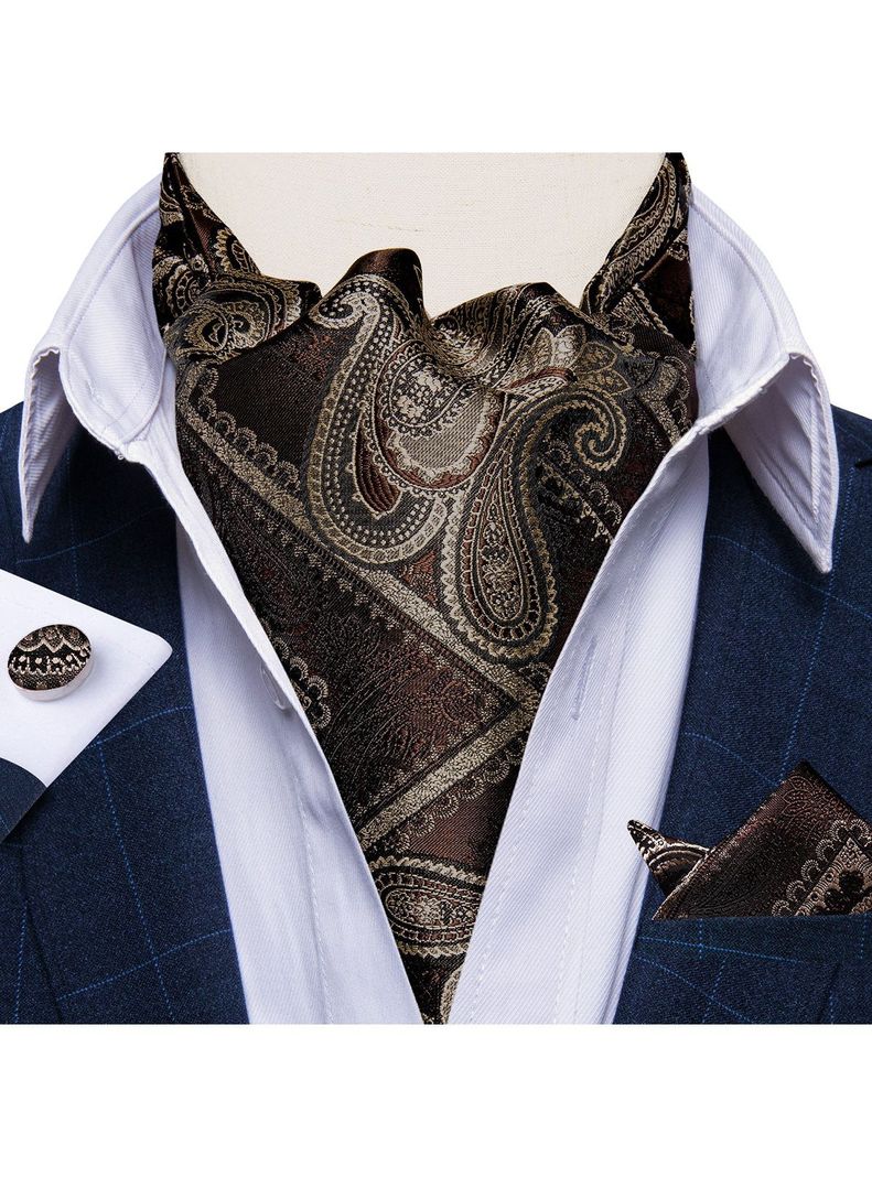 Corbata Gruesa Ascot Cravat + paño + colleras. Café Oscuro-5
