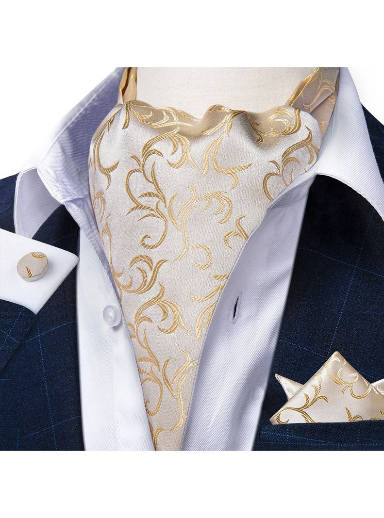 Corbata Gruesa Ascot + Paño + Colleras hombre. White Golden-0