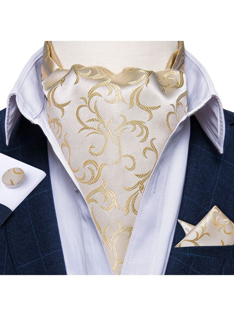 Corbata Gruesa Ascot + Paño + Colleras hombre. White Golden-1