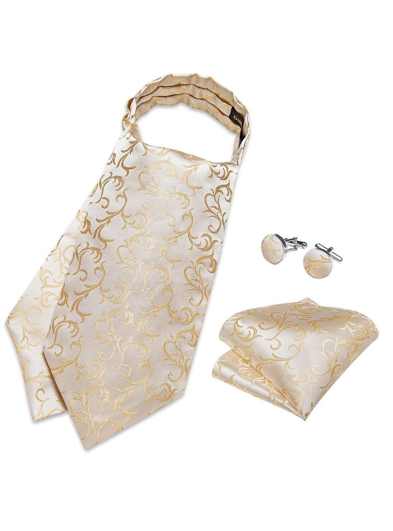 Corbata Gruesa Ascot + Paño + Colleras hombre. White Golden-2