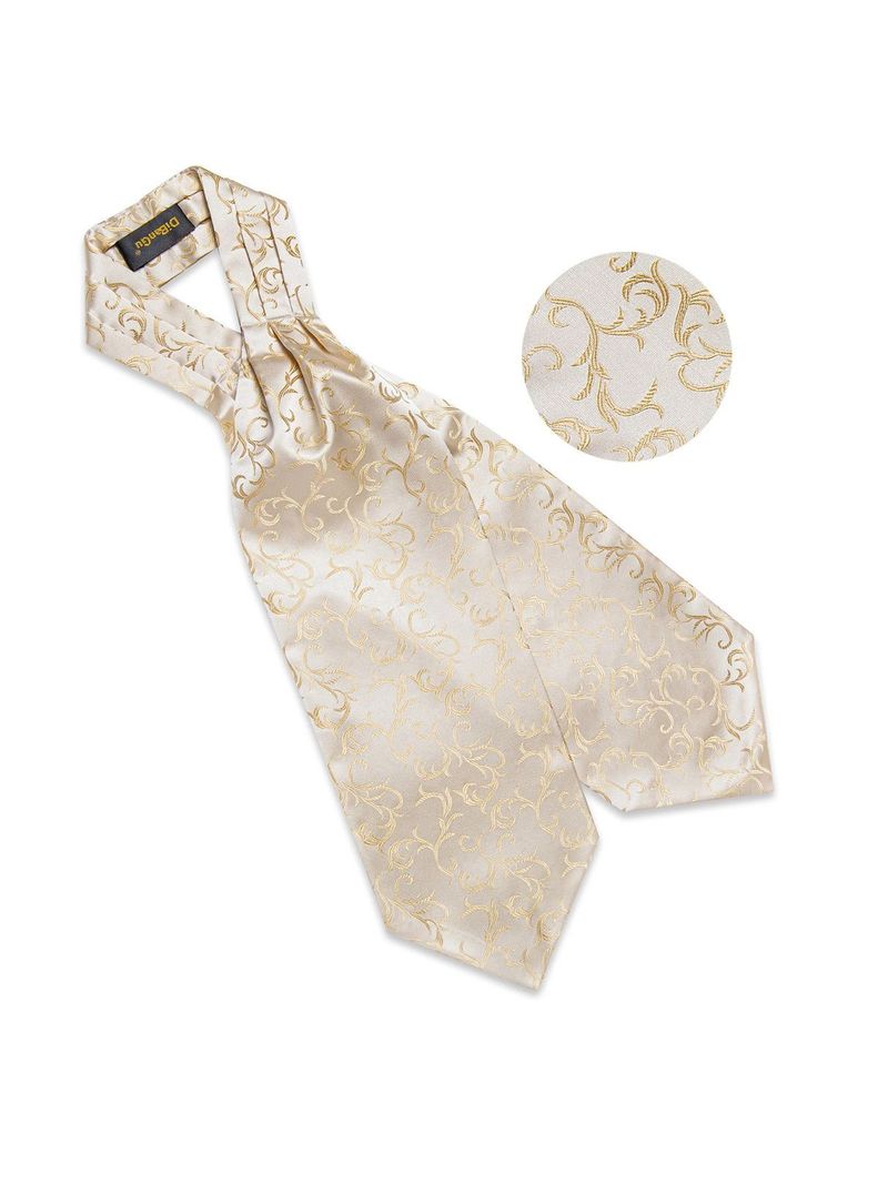 Corbata Gruesa Ascot + Paño + Colleras hombre. White Golden-3