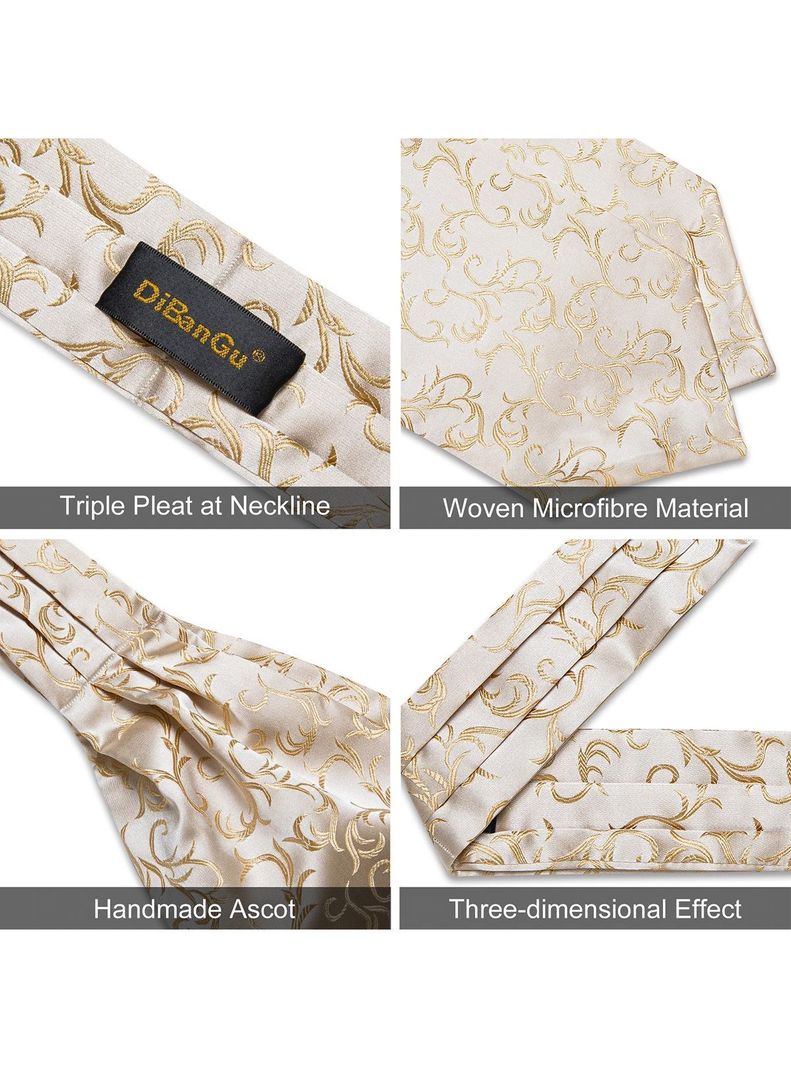 Corbata Gruesa Ascot + Paño + Colleras hombre. White Golden-4