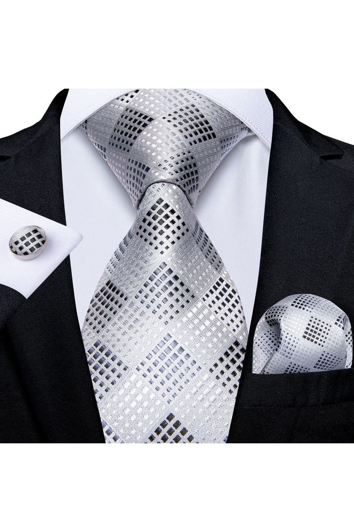 Corbata Hombre Seda + Paño + Colleras formal. Modelo Punto Gris-1