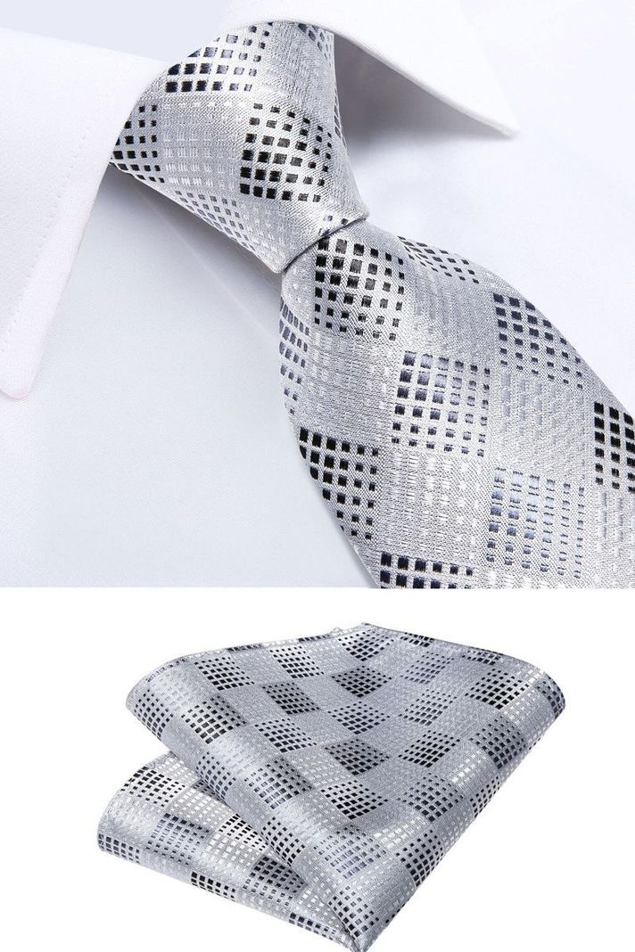 Corbata Hombre Seda + Paño + Colleras formal. Modelo Punto Gris-3