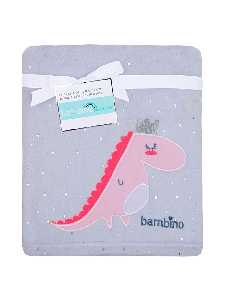Frazada De Coral Plush Bambino  Dinosaurio Gris-1