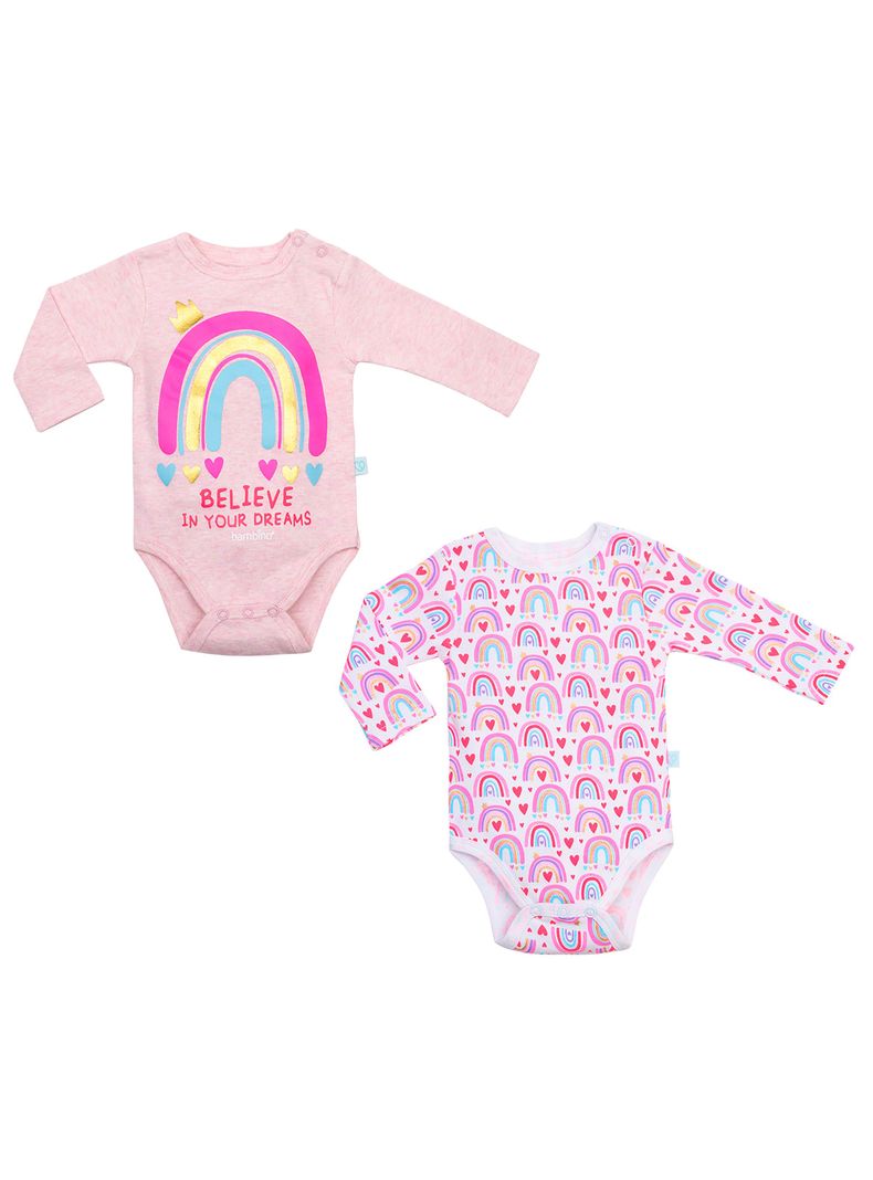 Set 2 Body Manga Larga Rosa Arcoiris Nina 9-12 Meses Rosado