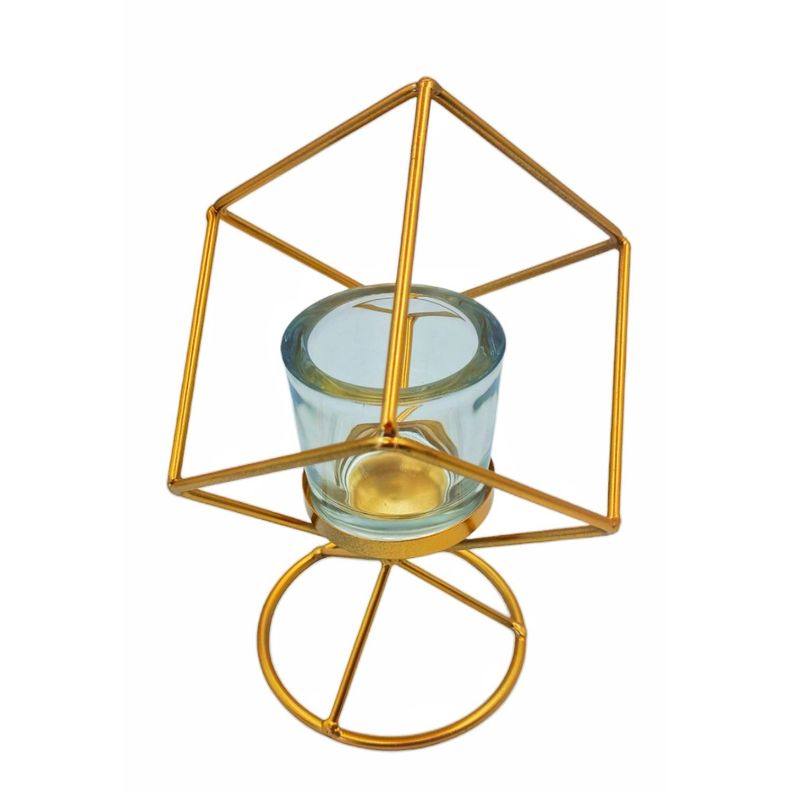 Porta Vela Candelabro De Metal Dorado Incluye Frasco 14x20cm-1