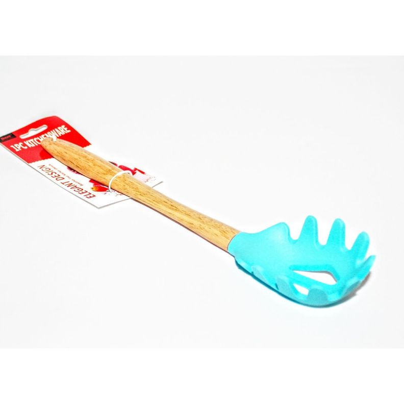 Cucharon para fideos silicona azul c/mango madera-0
