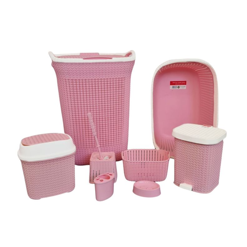Set de baño 8 en 1 pvc cesta isopo papelera rosado-0