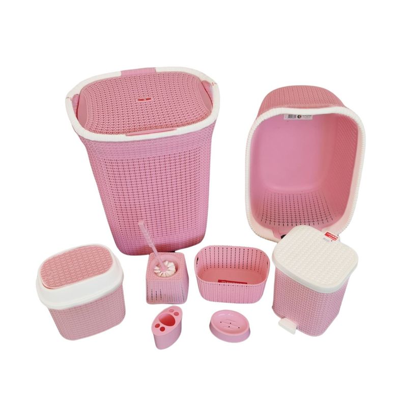 Set de baño 8 en 1 pvc cesta isopo papelera rosado-1