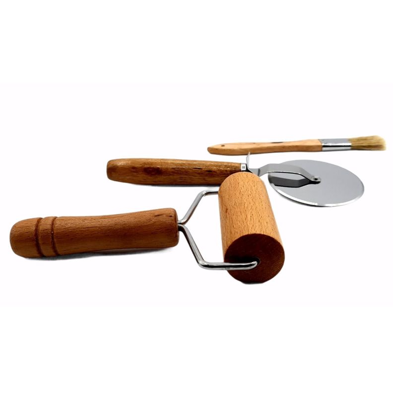 Corta pizza brocha rodillo set 3 piezas madera-2