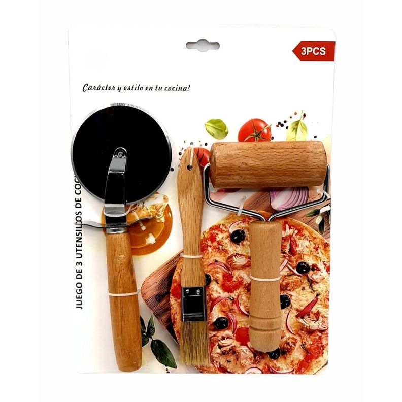 Corta pizza brocha rodillo set 3 piezas madera-3