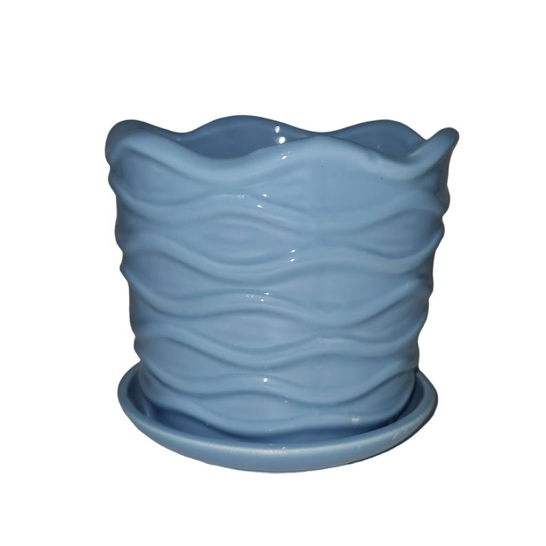 Macetero jarrón con base 13x13x12cm cerámica ondas azul-0