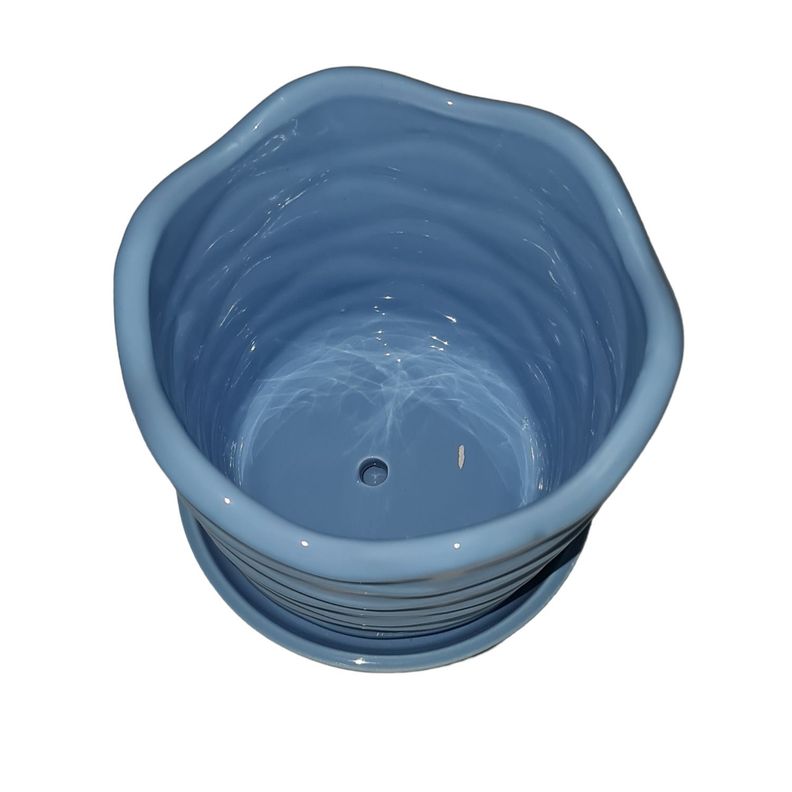Macetero jarrón con base 13x13x12cm cerámica ondas azul-1