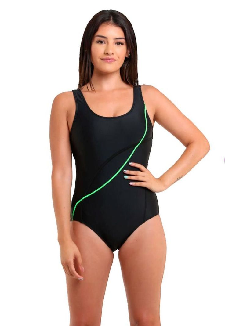 Traje de Baño Deportivo Natación con Estilo Líneas Verde-0