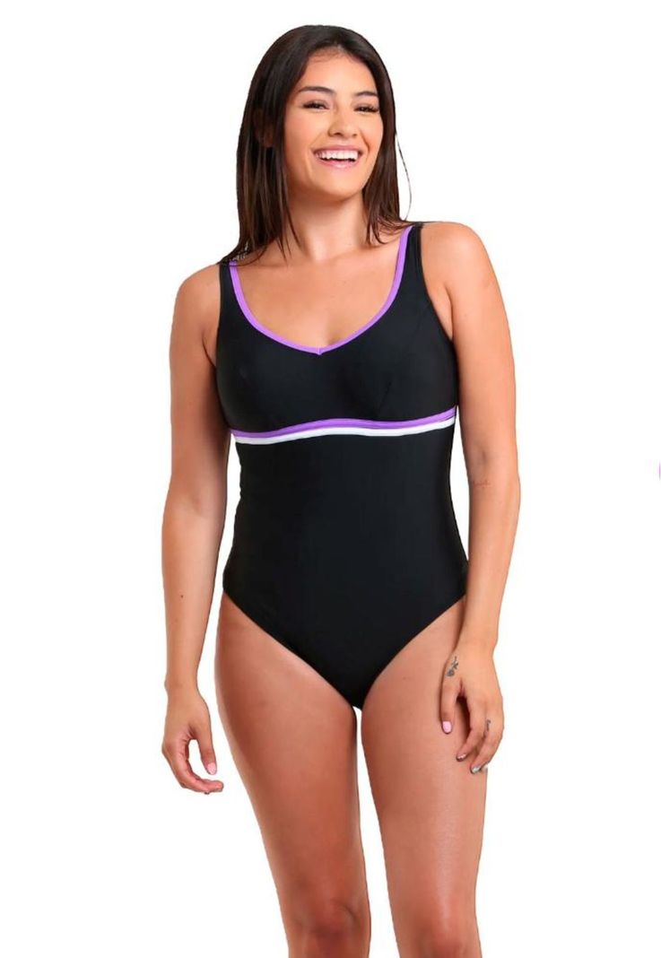 Traje de baño deportivo con vivos morado-0