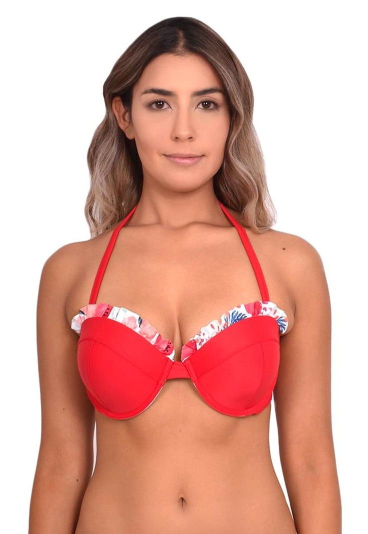 Bikini strapless con vuelos rojo-0