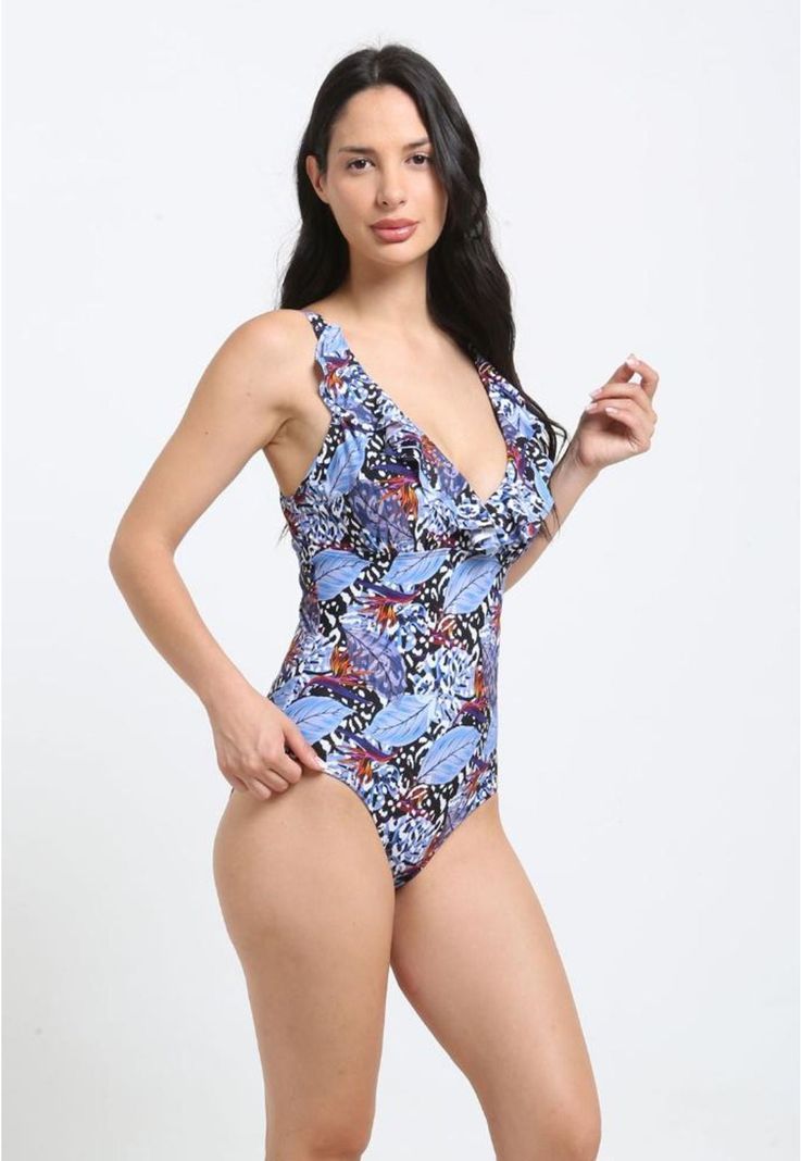 Traje de baño con vuelos estampado azul-2