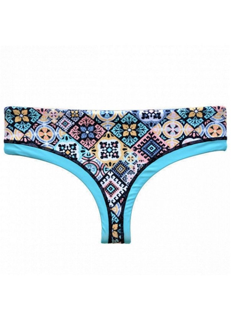 Bikini calzón tanga tiro alto estampado turquesa-0