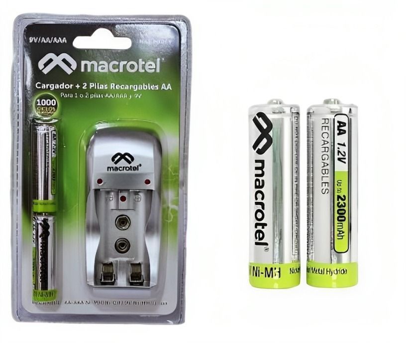 Cargador de pila MACROTEL + 2 pilas recargables doble AA-1