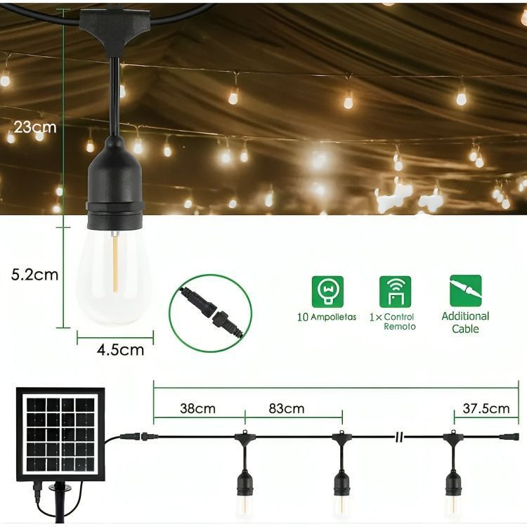Guirnalda 10 Metros Panel Solar Con 10 Ampolletas Led Calida-2