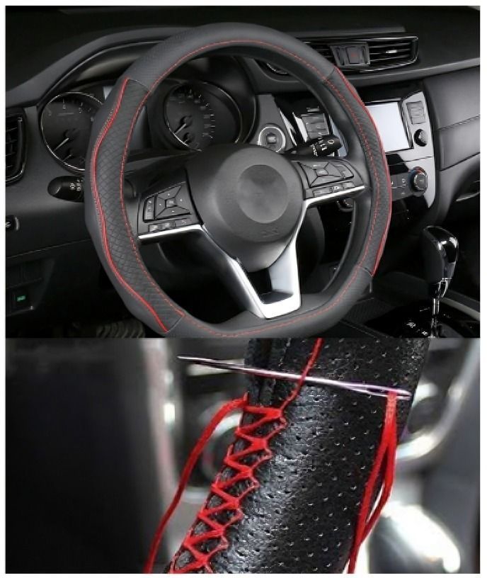 CUBRE VOLANTE CUERO CON HILO ROJO, NEGRO, AZUL PARA COSER WEIAIER EN BOLSA -3