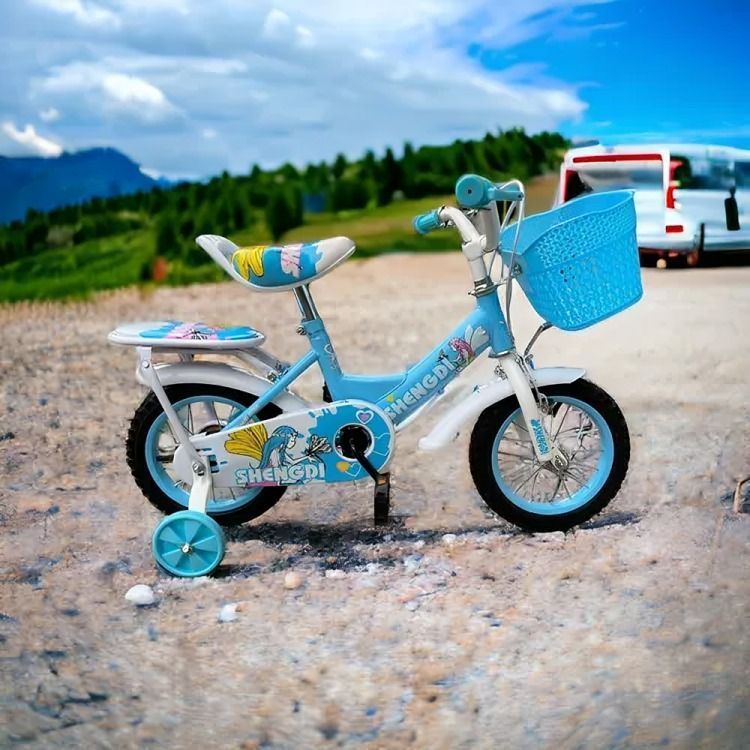 Bicicleta Aro 12  Shengdi con Canasto Y Ruedas De Apoyo celeste-2