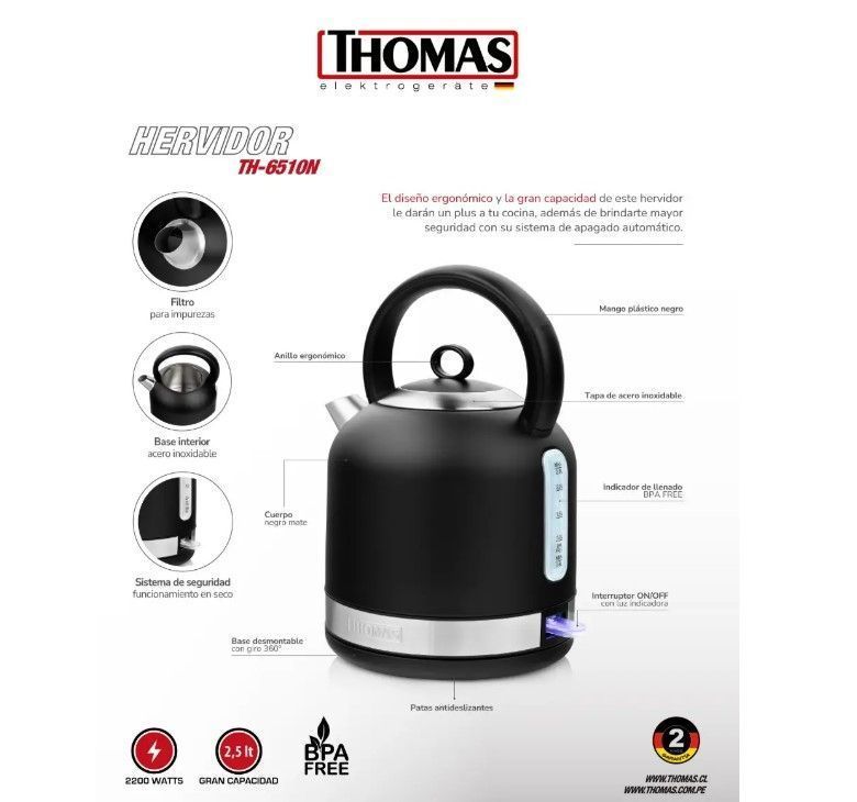 Hervidor Negro Mate 2,5 Lts TH-6510N Thomas-3