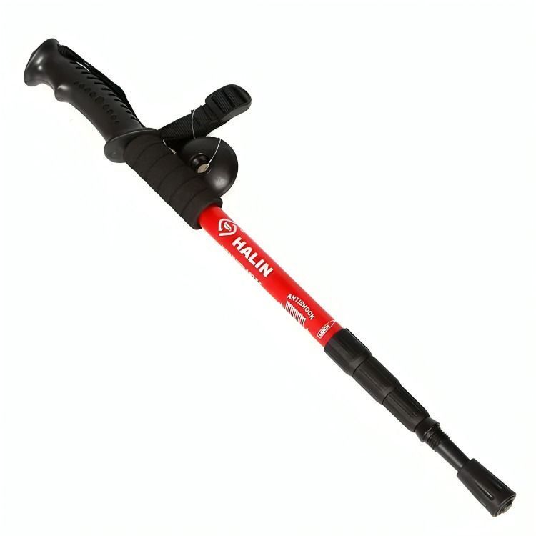 Bastón Trekking, 3 Tramos Mango Recto Antishock Rojo-0