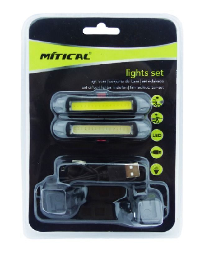 SET LUZ BICI DELANTERA Y TRASERA LED COB MÍTICAL EFECTOS RECARGABLE USB BLISTER-0