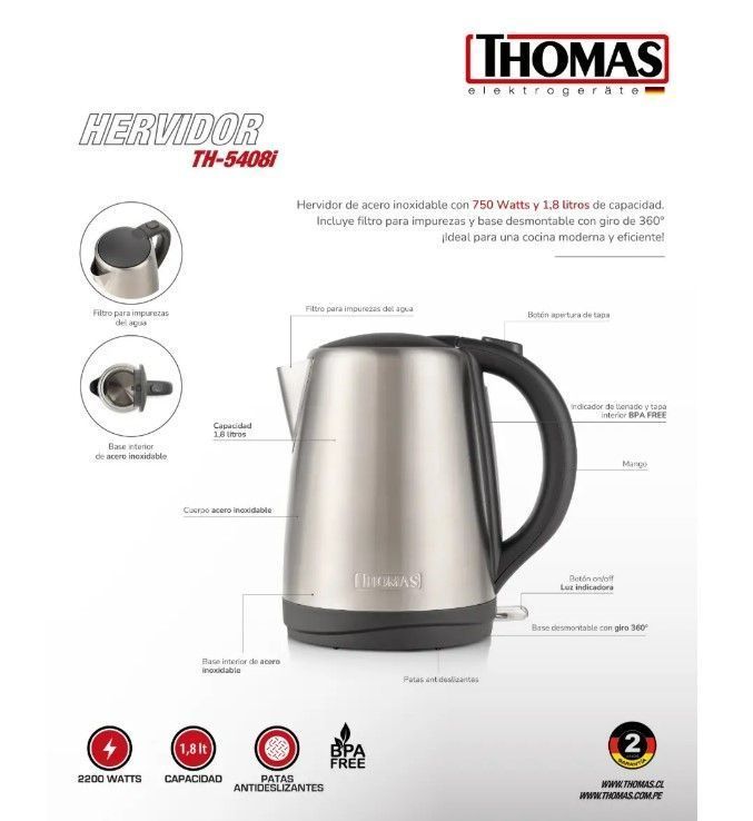 Hervidor acero inoxidable 1,8 lts TH-5408I Thomas-4