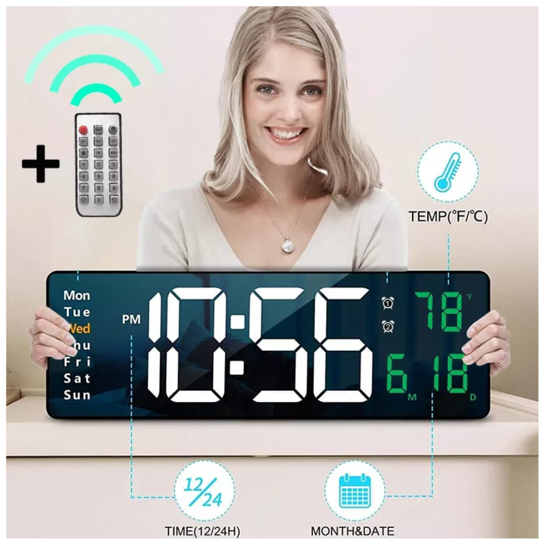 RELOJ DIGITAL DE PARED CON CALENDARIO Y CONTROL REMOTO BLANCO-0
