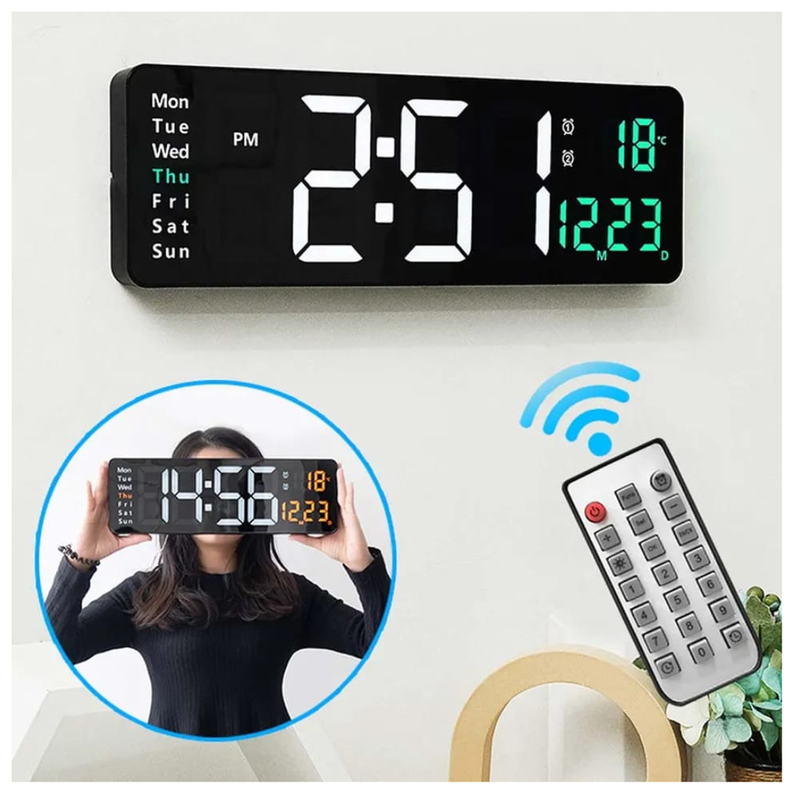 RELOJ DIGITAL DE PARED CON CALENDARIO Y CONTROL REMOTO BLANCO-1
