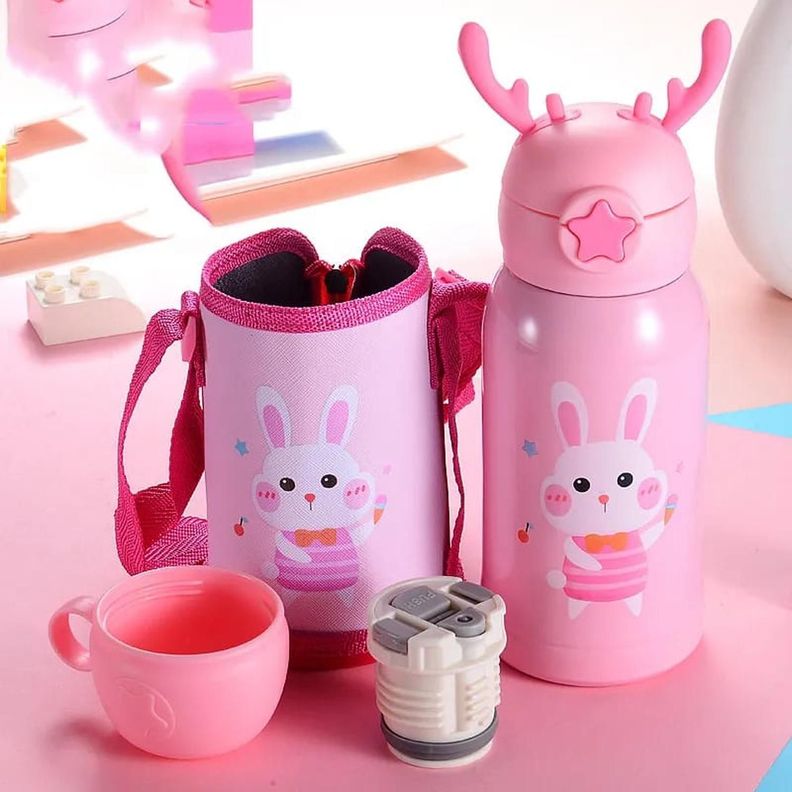 BOTELLA DE AGUA TERMICA CON FUNDA DISEÑO ANIMALES ROSA-2