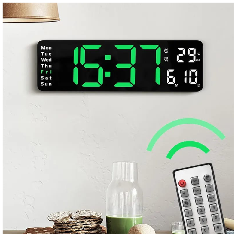 RELOJ DIGITAL DE PARED CON CALENDARIO Y CONTROL REMOTO VERDE-0