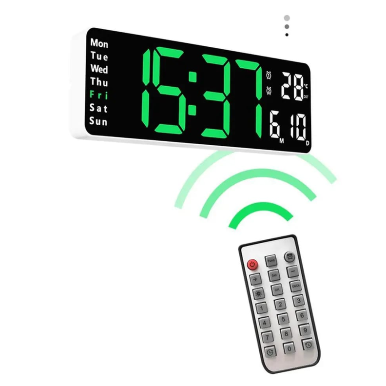 RELOJ DIGITAL DE PARED CON CALENDARIO Y CONTROL REMOTO VERDE-1