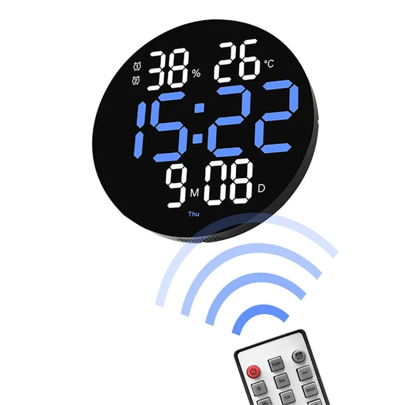RELOJ DIGITAL REDONDO DE PARED CON CONTROL REMOTO AZUL-0