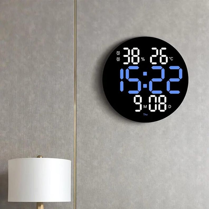 RELOJ DIGITAL REDONDO DE PARED CON CONTROL REMOTO AZUL-2
