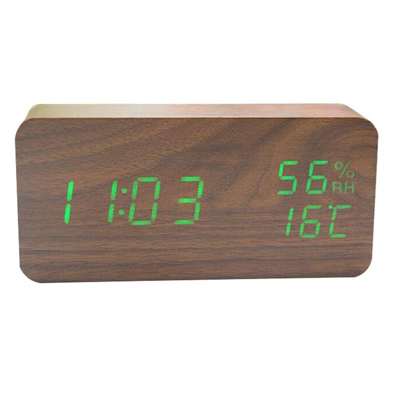 RELOJ ALARMA DESPERTADOR DIGITAL DE MADERA NUMEROS VERDE-0
