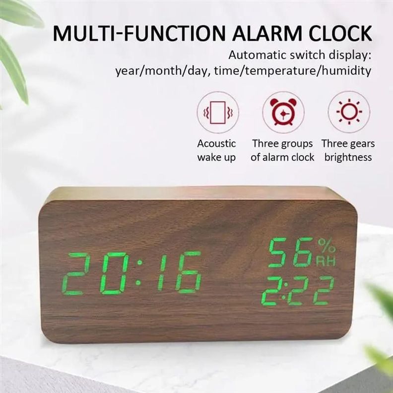 RELOJ ALARMA DESPERTADOR DIGITAL DE MADERA NUMEROS VERDE-1