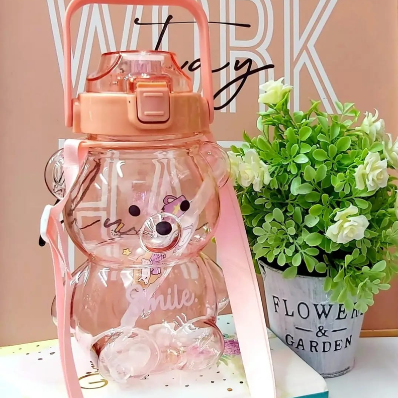 BOTELLA DE AGUA ANTIDERRAME OSO CON STICKERS 1 LT ROSA-1