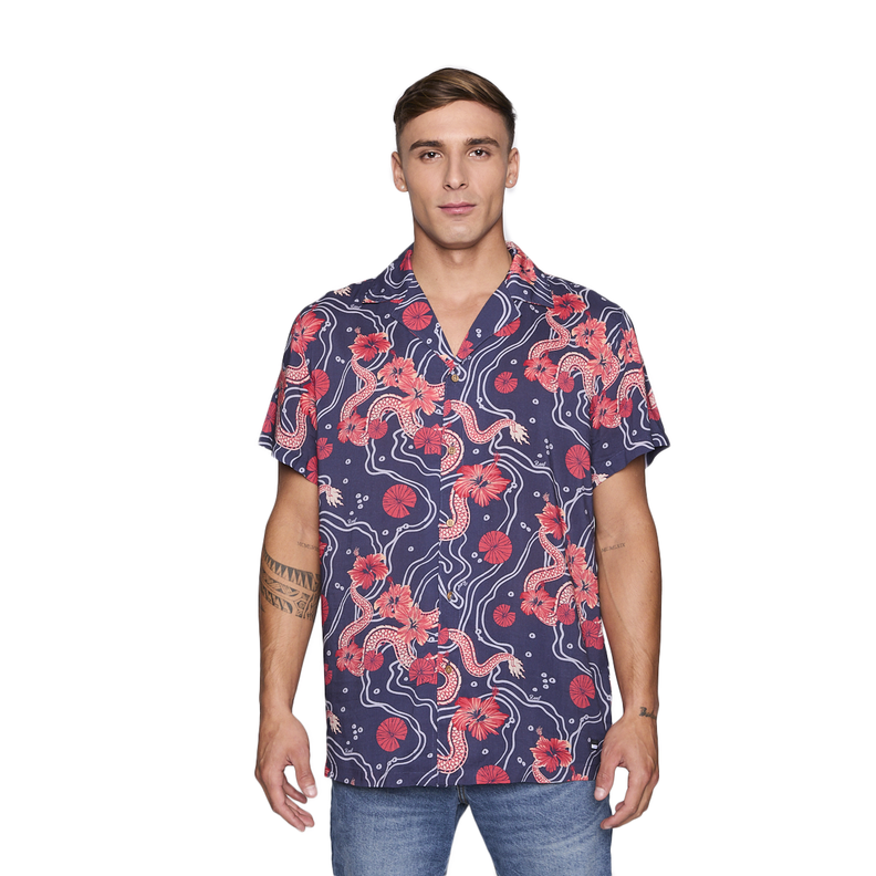 Camisa Reef Men Azul Dragones Rojos y Flores