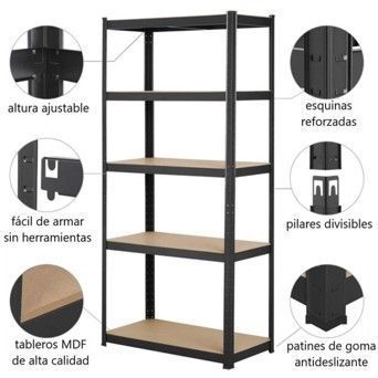 ESTANTE METALICO NEGRO 180X90X40CM 5 REPISAS DE MDF AJUSTABLES 175K POR REPISA-2