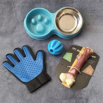 Set Plato De Comida Hueso Pelota Dental Guante Perro Mascota-1
